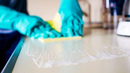 Close-up of oven racks being cleaned with soapy water